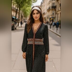 Andree Polka‎ Dot Midi Dress Med Black White Button Up Tiered Embroidery Boho